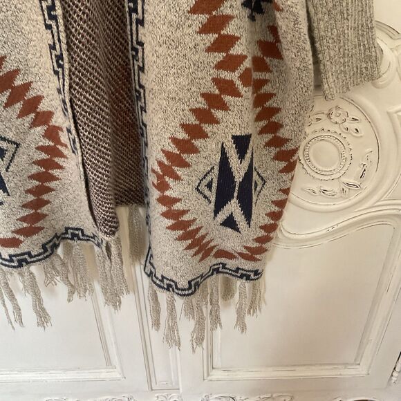 Oceanus Tribal Fringe Cardigan Sweater Women's Large Open Front Boho Aztec Knit - Picture 4 of 13
